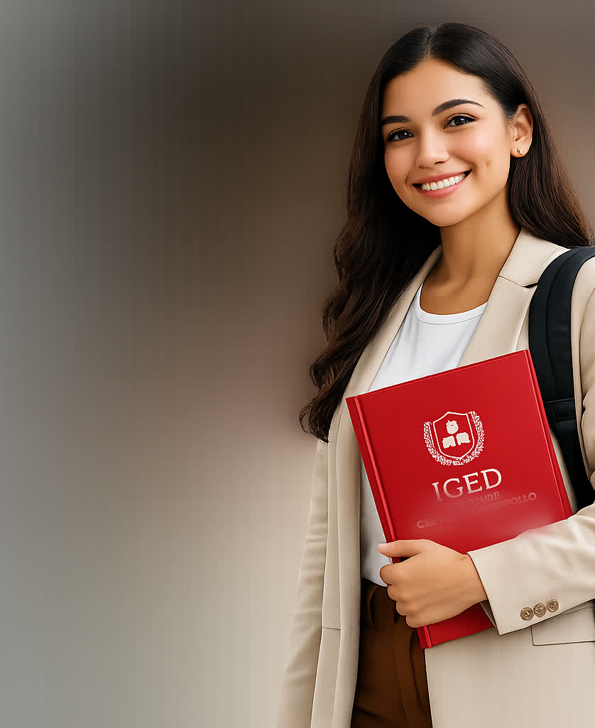 Estudiante de IGED sonriendo, con mochila y una carpeta del instituto